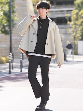 「ZIP FIVE（ジップファイブ）のアイテム（トレンチコート）」を使った、Fujino Masaruさん（メンズ・181cm）の冬コーディネート