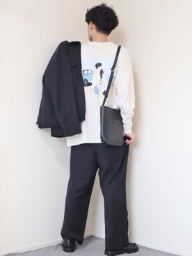 「kutir（クティール）のアソートプリントロンT（Tシャツ/カットソー）」を使った、Fujino Masaruさん（メンズ・181cm）の秋コーディネート