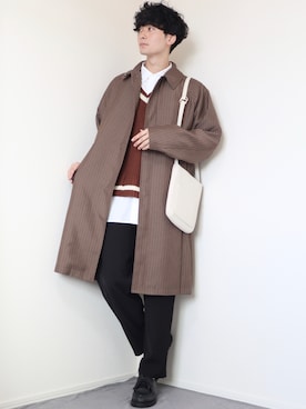 「秋のカフェオレコーデ」｜「アイテム（ステンカラーコート）」を使った、Fujino Masaruさん（メンズ・181cm）の秋コーディネート