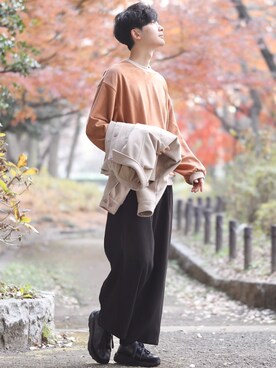 「epnok（エプノック）のアイテム（スウェット）」を使った、Fujino Masaruさん（メンズ・181cm）の冬コーディネート