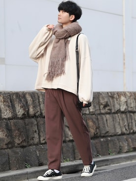 「INTER FACTORY（インターファクトリー）のファッションインフルエンサー じーの × INTER FACTORY　2wayワイドパンツ（その他パンツ）」を使った、Fujino Masaruさん（メンズ・181cm）の冬コーディネート