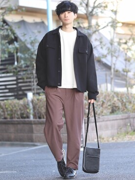 「INTER FACTORY（インターファクトリー）のファッションインフルエンサー じーの × INTER FACTORY　2wayワイドパンツ（その他パンツ）」を使った、Fujino Masaruさん（メンズ・181cm）の冬コーディネート