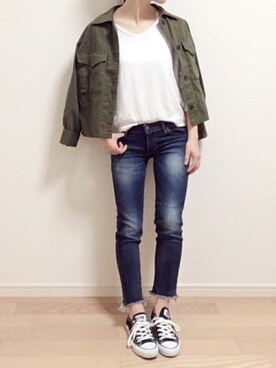 「Ungrid（アングリッド）のインディゴフレイドヘムストスリ（デニムパンツ）」を使った、mAy☆uMeさん（レディース・158cm）の春コーディネート