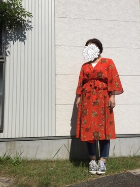 「SLY（スライ）のDARLIN DAHLIA PEPLUM GOWN（シャツ/ブラウス、オレンジ系）」を使った、おでんさん（レディース・159cm）の夏コーディネート