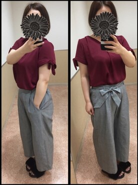 「grove（グローブ）の【洗濯機OK】カットブラウス（Tシャツ/カットソー、レッド系）」を使った、おでんさん（レディース・159cm）の夏コーディネート