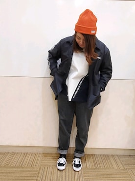 ニットキャップ ビーニー オレンジ系 を使った きれいめカジュアル のレディース人気ファッションコーディネート Wear