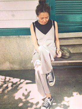 「アイテム（つなぎ/オールインワン、ベージュ系）」を使った、maiさん（レディース・165cm）の夏コーディネート