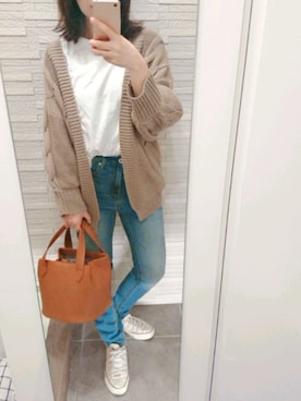 「Chaco closet（チャコ クローゼット）のケーブル編みニットボリュームスリーブルーズカーディガン（カーディガン/ボレロ）」を使った、mhさん（レディース・155cm）の冬コーディネート