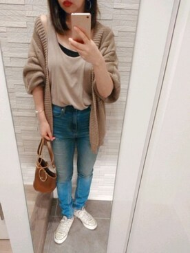 「Chaco closet（チャコ クローゼット）のケーブル編みニットボリュームスリーブルーズカーディガン（カーディガン/ボレロ）」を使った、mhさん（レディース・155cm）の春コーディネート