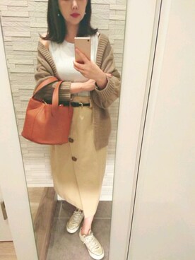 「Chaco closet（チャコ クローゼット）のケーブル編みニットボリュームスリーブルーズカーディガン（カーディガン/ボレロ）」を使った、mhさん（レディース・155cm）の春コーディネート