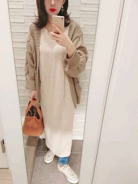「Chaco closet（チャコ クローゼット）のケーブル編みニットボリュームスリーブルーズカーディガン（カーディガン/ボレロ）」を使った、mhさん（レディース・155cm）の春コーディネート