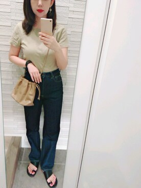「UNIQLO（ユニクロ）のスーピマコットンリブクルーネックT（半袖）（Tシャツ/カットソー）」を使った、mhさん（レディース・155cm）の夏コーディネート