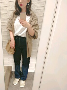 「Chaco closet（チャコ クローゼット）のケーブル編みニットボリュームスリーブルーズカーディガン（カーディガン/ボレロ）」を使った、mhさん（レディース・155cm）の秋コーディネート