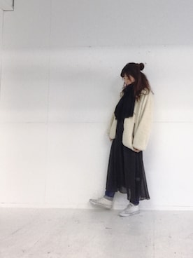 「ドットワンピ」｜「アイテム（ブルゾン）」を使った、rioさん（レディース・160cm）の冬コーディネート