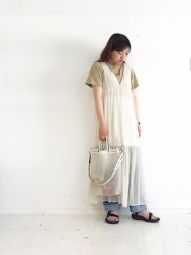 「KBF（ケイビーエフ）のスモールロゴTEE（Tシャツ/カットソー）」を使った、rioさん（レディース・160cm）の夏コーディネート
