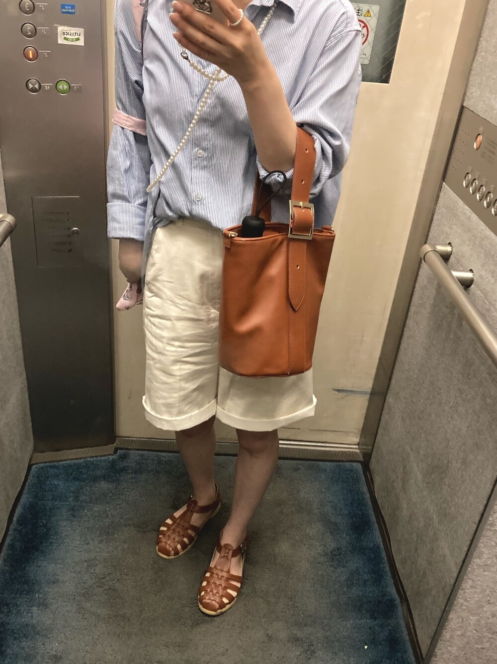 「プチプラコーデ、ハーフパンツ、ストライプシャツ」｜「GUのアイテム（パンツ、ホワイト系）」を使った、m ○  k ☺︎さん（レディース・156cm）の夏コーディネートの1枚目の写真