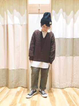 「Samansa Mos2 blue」｜「アイテム（ニットキャップ/ビーニー）」を使った、む ら ま つさん（レディース・148cm）の秋コーディネート