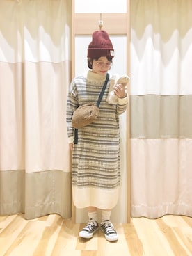 「Samansa Mos2 blue」｜「アイテム（ニットキャップ/ビーニー）」を使った、む ら ま つさん（レディース・148cm）の冬コーディネート