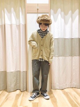 「ケーブルカーディガン」｜「アイテム（その他）」を使った、む ら ま つさん（レディース・148cm）の冬コーディネート