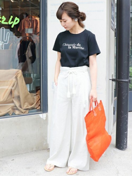 【新品】SLOBE IENA ボトムス　ワイドパンツ ホワイト ブラック　リボン セール】Vis/麻 タッセルリボンパンツ◇（その他パンツ）｜SLOBE IENA