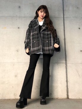 「チェック柄」｜「アイテム（ピーコート）」を使った、envym_officialさん（レディース・160cm）の冬コーディネート