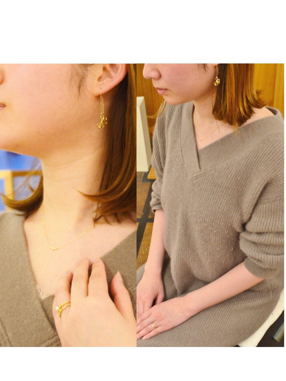ゴールド系のネックレス、ゴールド系のリング、ゴールド系のリングを着用したレディースの春コーディネートの1枚目の写真