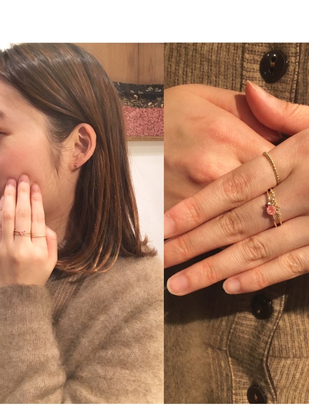 ピンク系のピアス(両耳用)、ゴールド系のリング、ピンク系のリングを着用したレディースの冬コーディネートの1枚目の写真