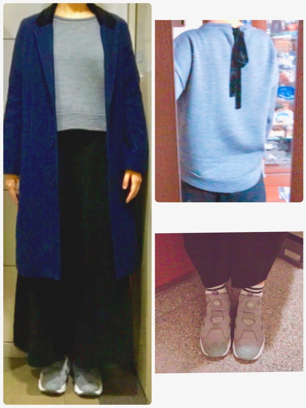 ブルー系のチェスターコート、グレー系のスニーカー、グレー系のその他トップスを着用したレディースの春コーディネートの1枚目の写真