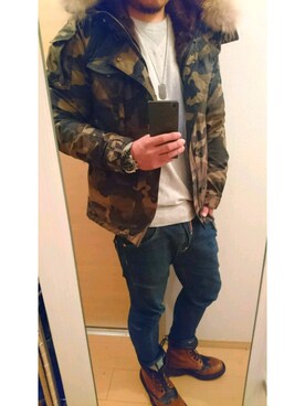 「johnbull」｜「アイテム（ミリタリージャケット）」を使った、こばひでさん（メンズ・175cm）の冬コーディネート
