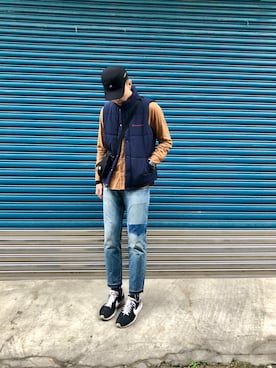 「Champion（チャンピオン）のアイテム（ベスト）」を使った、Jie Linさん（メンズ・187cm）の冬コーディネート