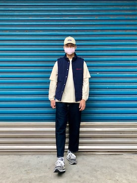 「Champion（チャンピオン）のアイテム（ダウンベスト）」を使った、Jie Linさん（メンズ・187cm）の春コーディネート