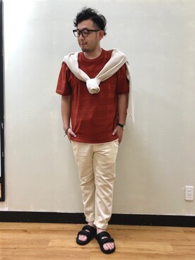 「CAMP7（キャンプセブン）のアイテム（サンダル）」を使った、もっしーさん（メンズ・170cm）の春コーディネート