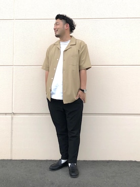 「Right-on（ライトオン）の【PLUS ONE】オープンカラーシャツ（シャツ/ブラウス、ベージュ系）」を使った、もっしーさん（メンズ・170cm）の夏コーディネート