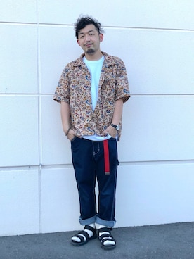 「CAMP7（キャンプセブン）のアイテム（サンダル）」を使った、もっしーさん（メンズ・170cm）の夏コーディネート