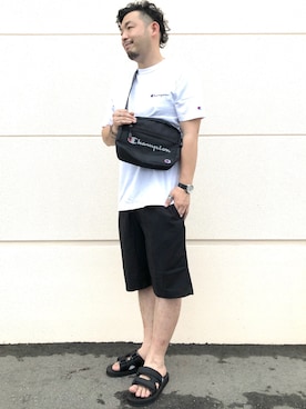 「CAMP7（キャンプセブン）のアイテム（サンダル）」を使った、もっしーさん（メンズ・170cm）の夏コーディネート