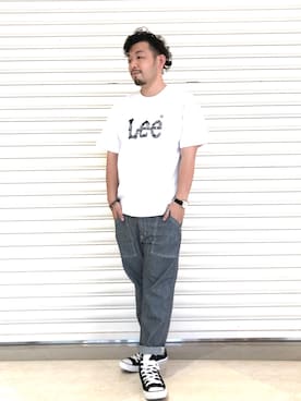 「Lee（リー）のアイテム（Tシャツ/カットソー、ホワイト系）」を使った、もっしーさん（メンズ・170cm）の夏コーディネート