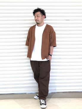「Right-on（ライトオン）のアイテム（シャツ/ブラウス、ブラウン系）」を使った、もっしーさん（メンズ・170cm）の夏コーディネート