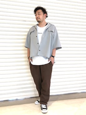 「RAG MACHINE（ラグマシーン）のアイテム（シャツ/ブラウス、グレー系）」を使った、もっしーさん（メンズ・170cm）の夏コーディネート