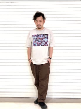 「Right-on（ライトオン）のムービーＴシャツ（Tシャツ/カットソー、ベージュ系）」を使った、もっしーさん（メンズ・170cm）の夏コーディネート