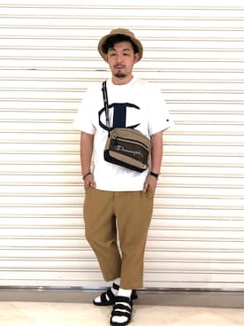 「Champion（チャンピオン）のアイテム（ボディバッグ/ウエストポーチ）」を使った、もっしーさん（メンズ・170cm）の夏コーディネート