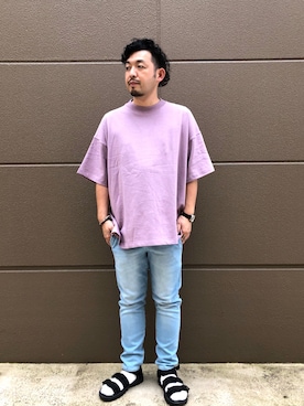 「RAG MACHINE（ラグマシーン）の【RAG MACHINE】ビッグシルエット半袖Tシャツ（Tシャツ/カットソー、パープル系）」を使った、もっしーさん（メンズ・170cm）の夏コーディネート
