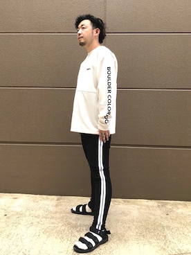「CAMP7（キャンプセブン）のアイテム（Tシャツ/カットソー、ホワイト系）」を使った、もっしーさん（メンズ・170cm）の秋コーディネート