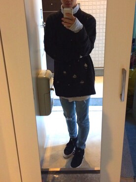 「ELVIRA（エルヴィラ）のアイテム（ニット/セーター、ブラック系）」を使った、ゆうさん（メンズ・172cm）の春コーディネート