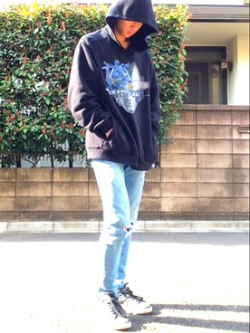 「plustic.tokyoのアイテム（パーカー、ブラック系）」を使った、ゆうさん（メンズ・172cm）の春コーディネート