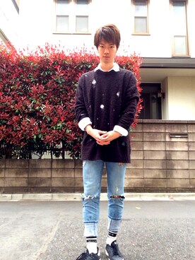「ELVIRA（エルヴィラ）のアイテム（ニット/セーター、ブラック系）」を使った、ゆうさん（メンズ・172cm）の春コーディネート