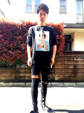 「GOD SELECTION XXX（ゴッドセレクショントリプルエックス）のアイテム（スウェット、ブラック系）」を使った、ゆうさん（メンズ・172cm）の春コーディネート