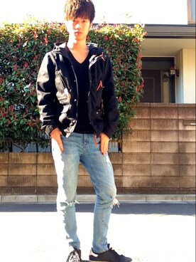 「no brand（ノーブランド）のアイテム（ジャケット/アウター、ブラック系）」を使った、ゆうさん（メンズ・172cm）の春コーディネート