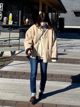 「アイテム（ノーカラーコート、グレー系）」を使った、mihoさん（レディース・154cm）の冬コーディネート