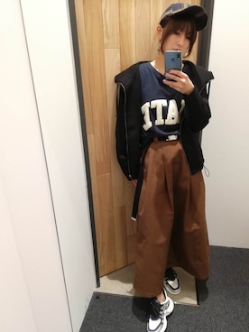 「GU（ジーユー）のアイテム（Skirt、ブラウン系）」を使った、yukaさん（レディース・158cm）の冬コーディネート