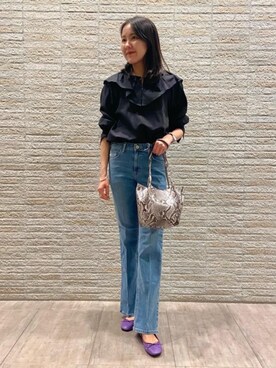 「アイテム（バレエシューズ、パープル系）」を使った、moneueharaさん（レディース・165cm）の夏コーディネート